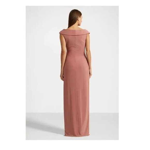 Lauren Ralph Lauren Jersey Off the Shoulder Gown Women's 10 Pink Mahogany V-Neck - Picture 4 of 8